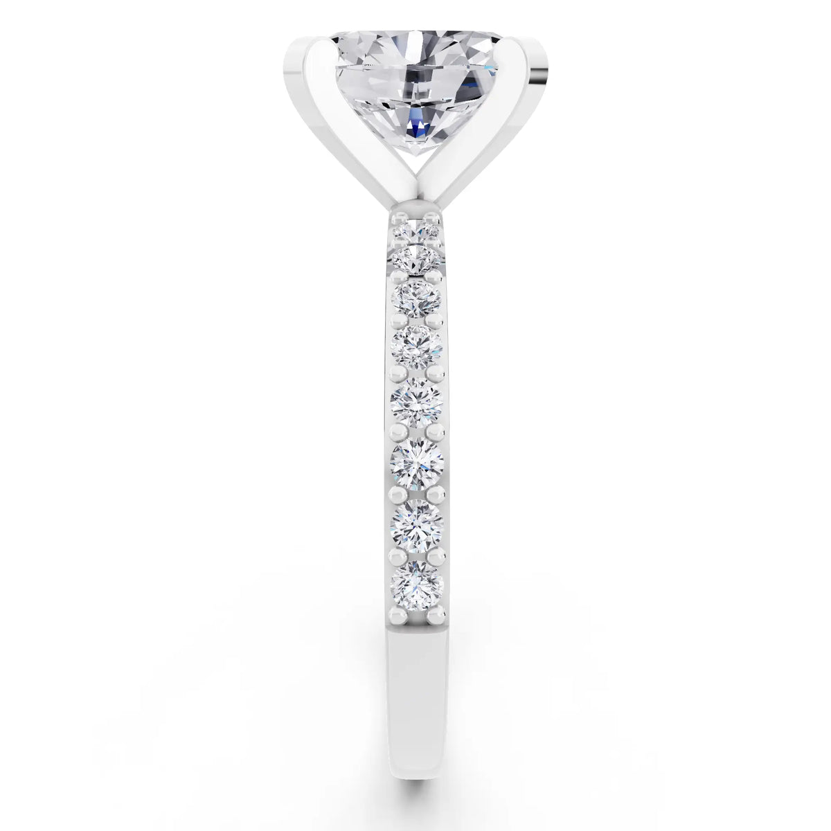 14 KT White Gold Oval Cut Diamond Solitaire Ring with Pave Shank - side view