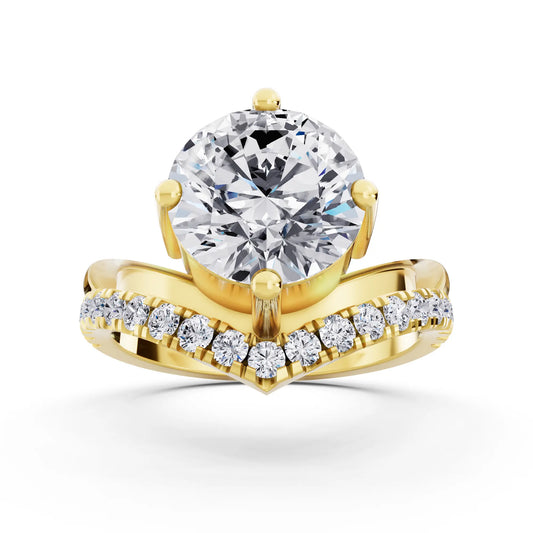 14 KT Yellow Gold Round Cut Diamond Solitaire Ring with Pave V Band - Front