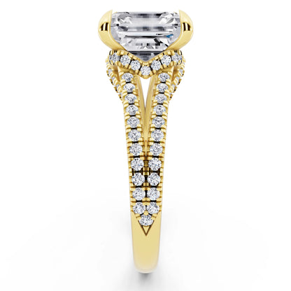 18 KT Yellow Gold Asscher Cut Diamond Ring with Pavé Split Shank - side view