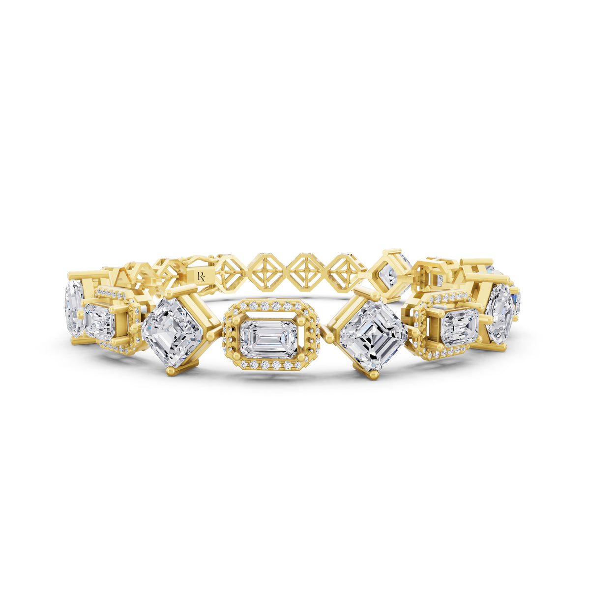 10K Yellow Gold Square Emerald and Emerald Cut Halo Diamond Tennis Bracelet - Top1