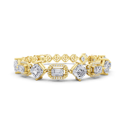 10K Yellow Gold Square Emerald and Emerald Cut Halo Diamond Tennis Bracelet - Top1