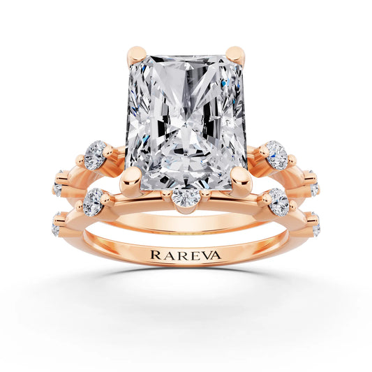 14 KT Rose Gold Radiant Cut Diamond Ring with Floating Accent Band - front view