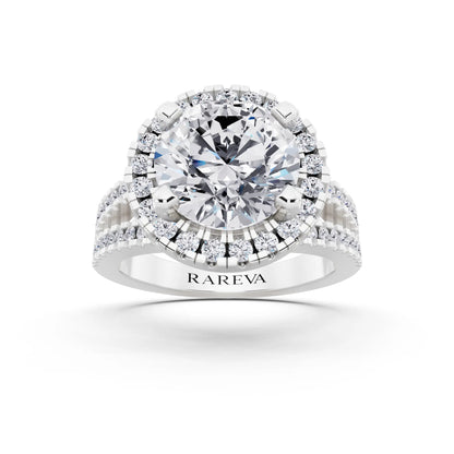 14 KT White Gold Round Cut Diamond Halo Ring with Pave Split Shank - front view
