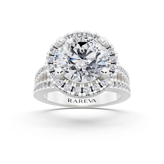 14 KT White Gold Round Cut Diamond Halo Ring with Pave Split Shank - front view