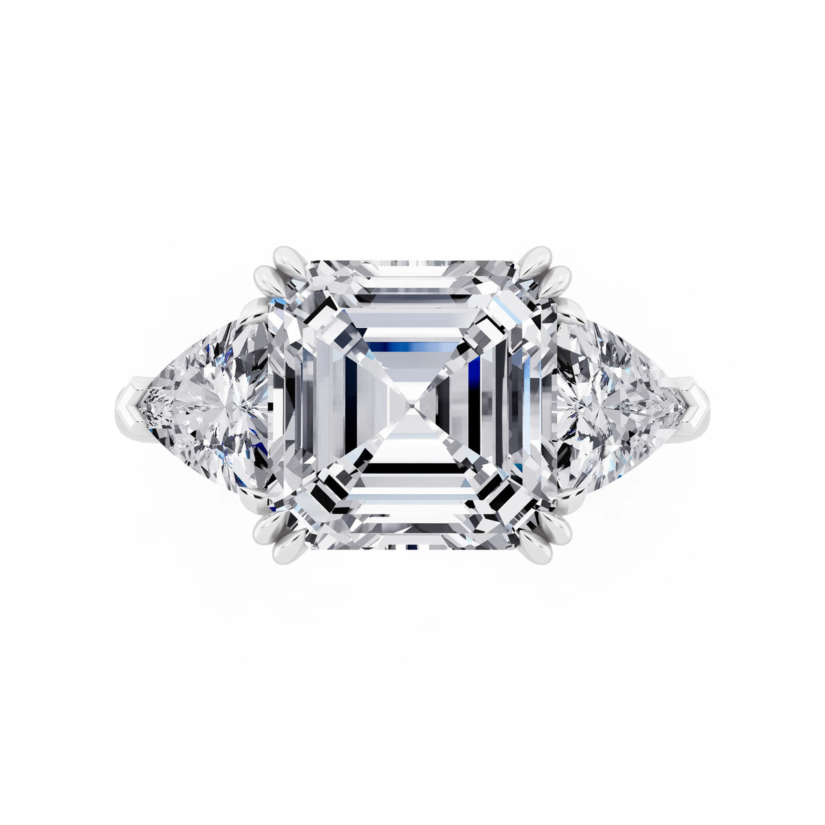 14 KT White Gold Asscher Cut Diamond Three Stone Ring with Trillion Accents - top angle