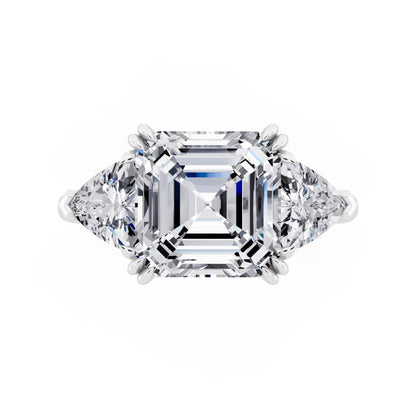 14 KT White Gold Asscher Cut Diamond Three Stone Ring with Trillion Accents - top angle