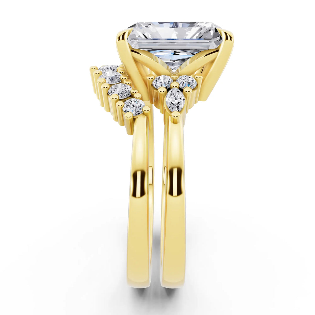18 KT Yellow Gold Radiant Cut Diamond Ring with Curved Cluster Band - side view