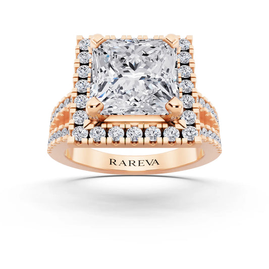 18 KT Rose Gold Princess Cut Diamond Halo Ring with Pave Split Shank - front view