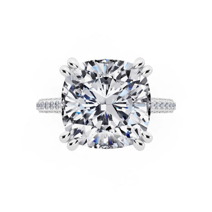 14 KT White Gold Cushion Cut Diamond Hidden Halo Double Claw Pave Band Ring - top angle