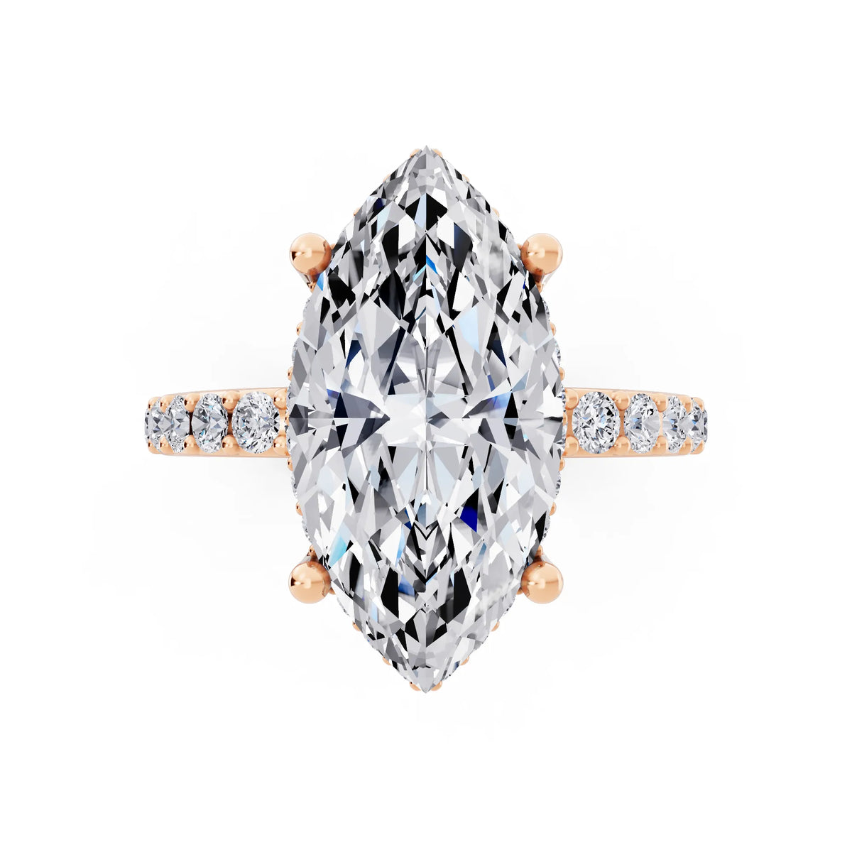 18 KT Rose Gold Marquise Cut Diamond Solitaire Ring with Hidden Halo and Pave Band - top angle