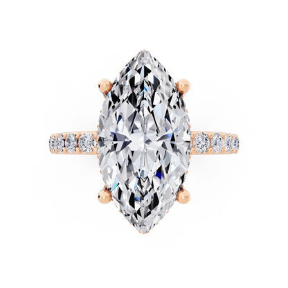 18 KT Rose Gold Marquise Cut Diamond Solitaire Ring with Hidden Halo and Pave Band - top angle