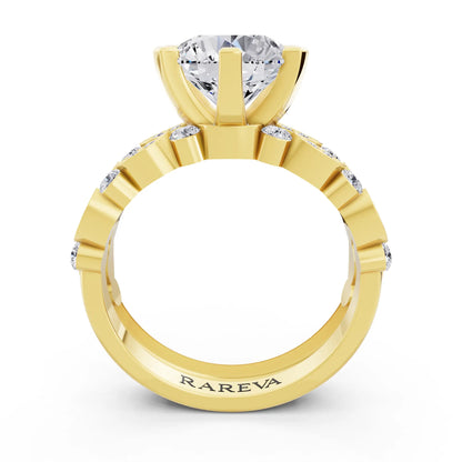 14 KT Yellow Gold Round Cut Diamond Solitaire Ring with Marquise Motif Band - Through