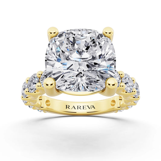14 KT Yellow Gold Cushion Cut Diamond Ring with Shared Prong Eternity Band - front view