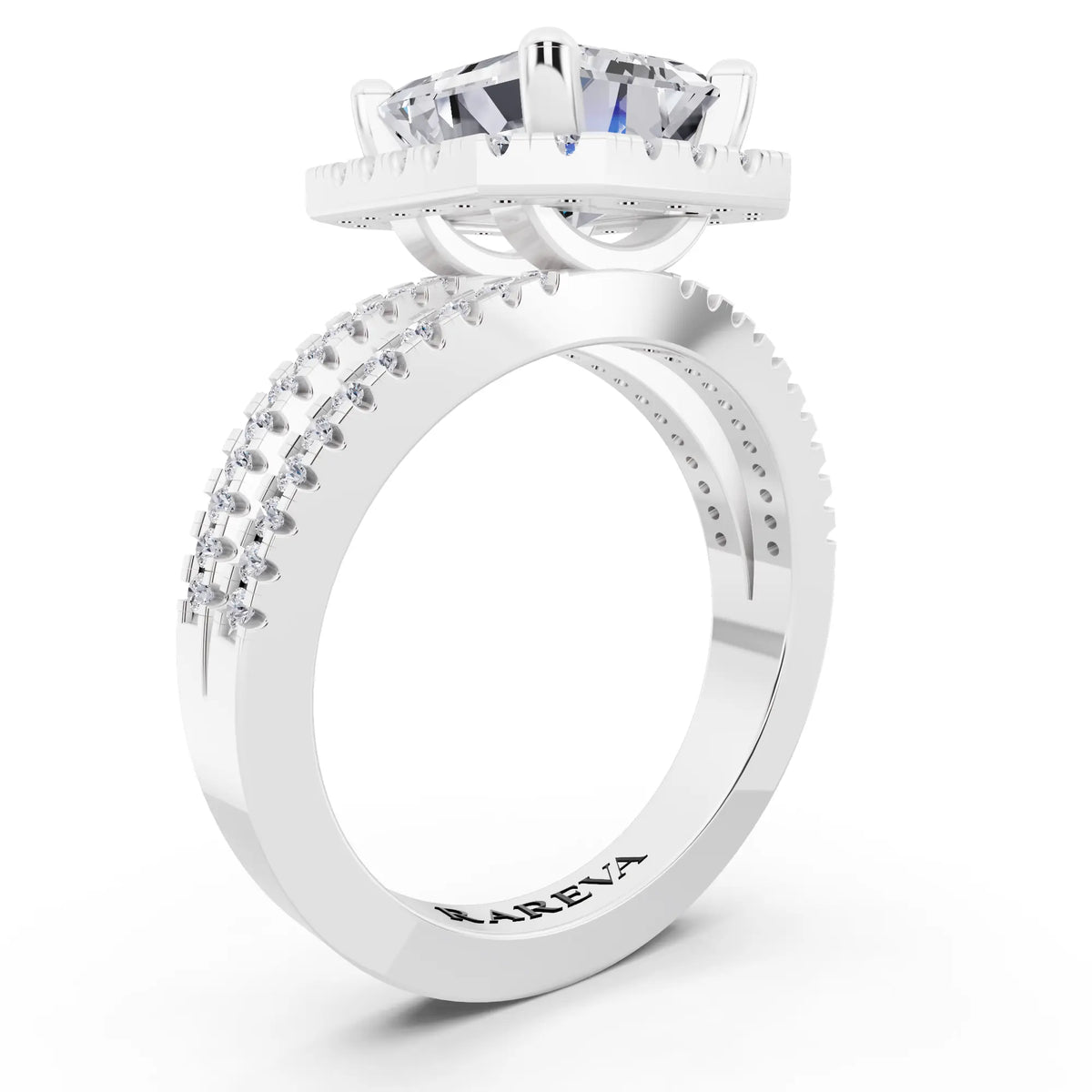 14 KT White Gold Emerald Cut Diamond Halo Ring with Pave Split Shank - top view