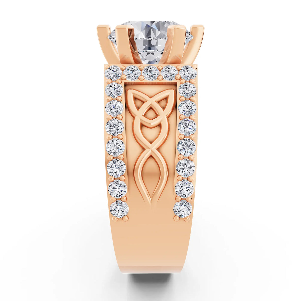 14 KT Rose Gold Round Cut Diamond Solitaire Ring with Celtic Knot Band - Side view
