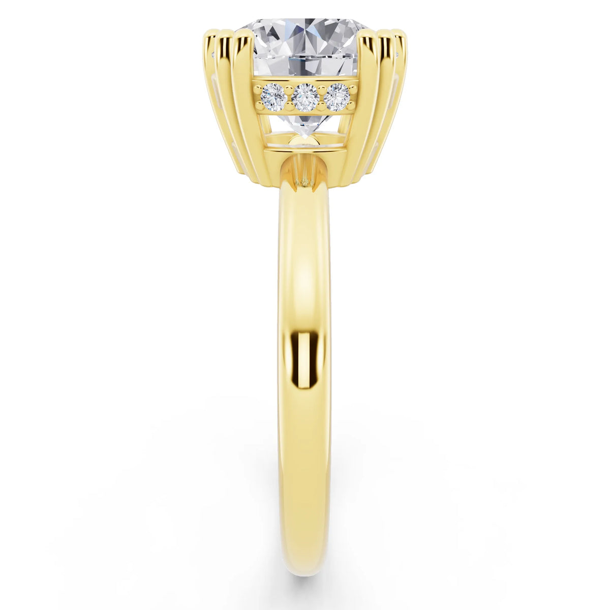 18 KT Yellow Gold Round Cut Diamond Solitaire Ring with Hidden Accent Basket - side view