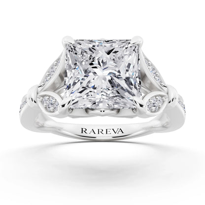 18 KT White Gold Princess Cut Diamond Ring with Lotus Collar - front view