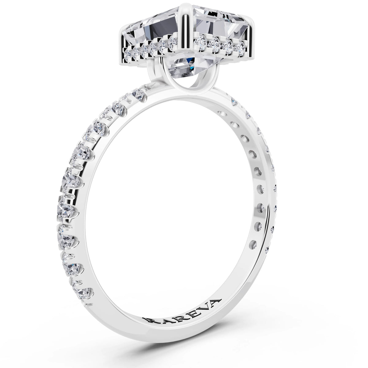 18 KT White Gold Emerald Cut Diamond Solitaire Ring with Hidden Halo and French Pave Band - top view