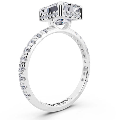 18 KT White Gold Emerald Cut Diamond Solitaire Ring with Hidden Halo and French Pave Band - top view