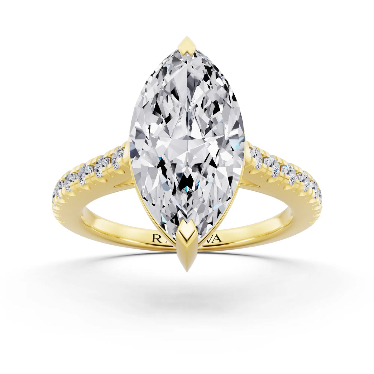 14 KT Yellow Gold Marquise Cut Diamond Claw Prong Solitaire Ring with French Pave Band - front view