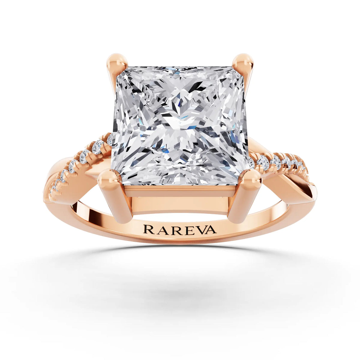 14 KT Rose Gold Princess Cut Diamond Solitaire Ring with Twisted Pave Band - Front