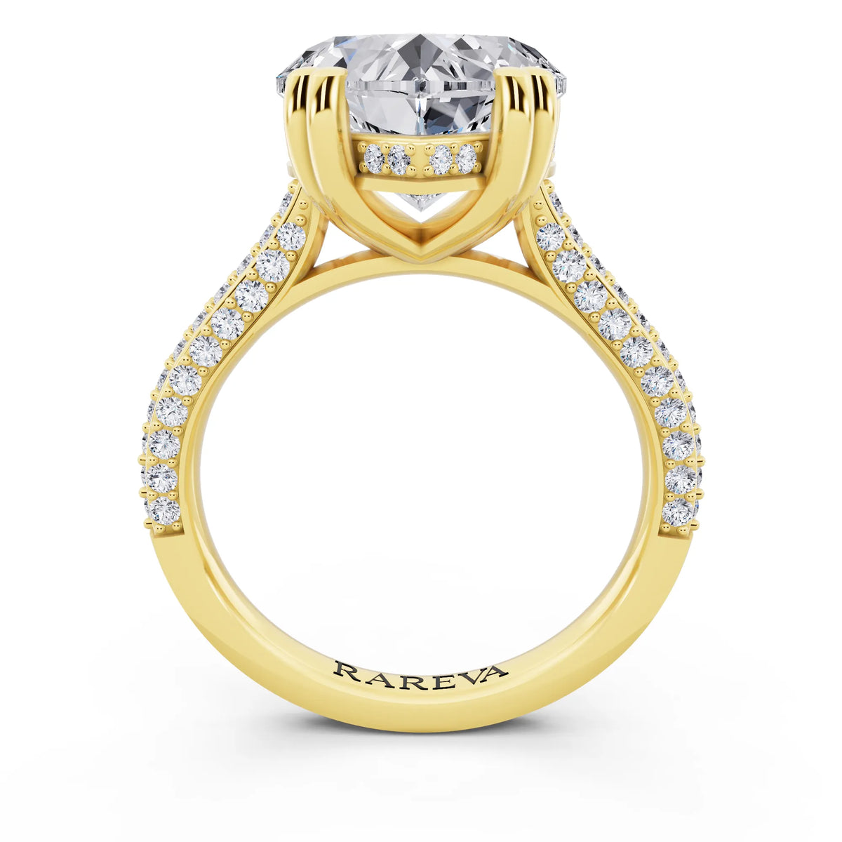 18 KT Yellow Gold Heart Cut Diamond Hidden Halo Double Claw Pave Band Ring - through finger