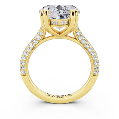 18 KT Yellow Gold Heart Cut Diamond Hidden Halo Double Claw Pave Band Ring - through finger