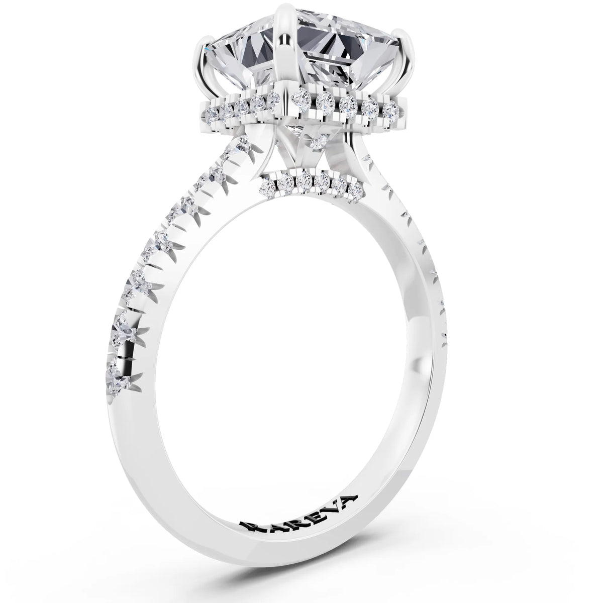 14 KT White Gold Princess Cut Diamond Ring with Hidden Halo - top view