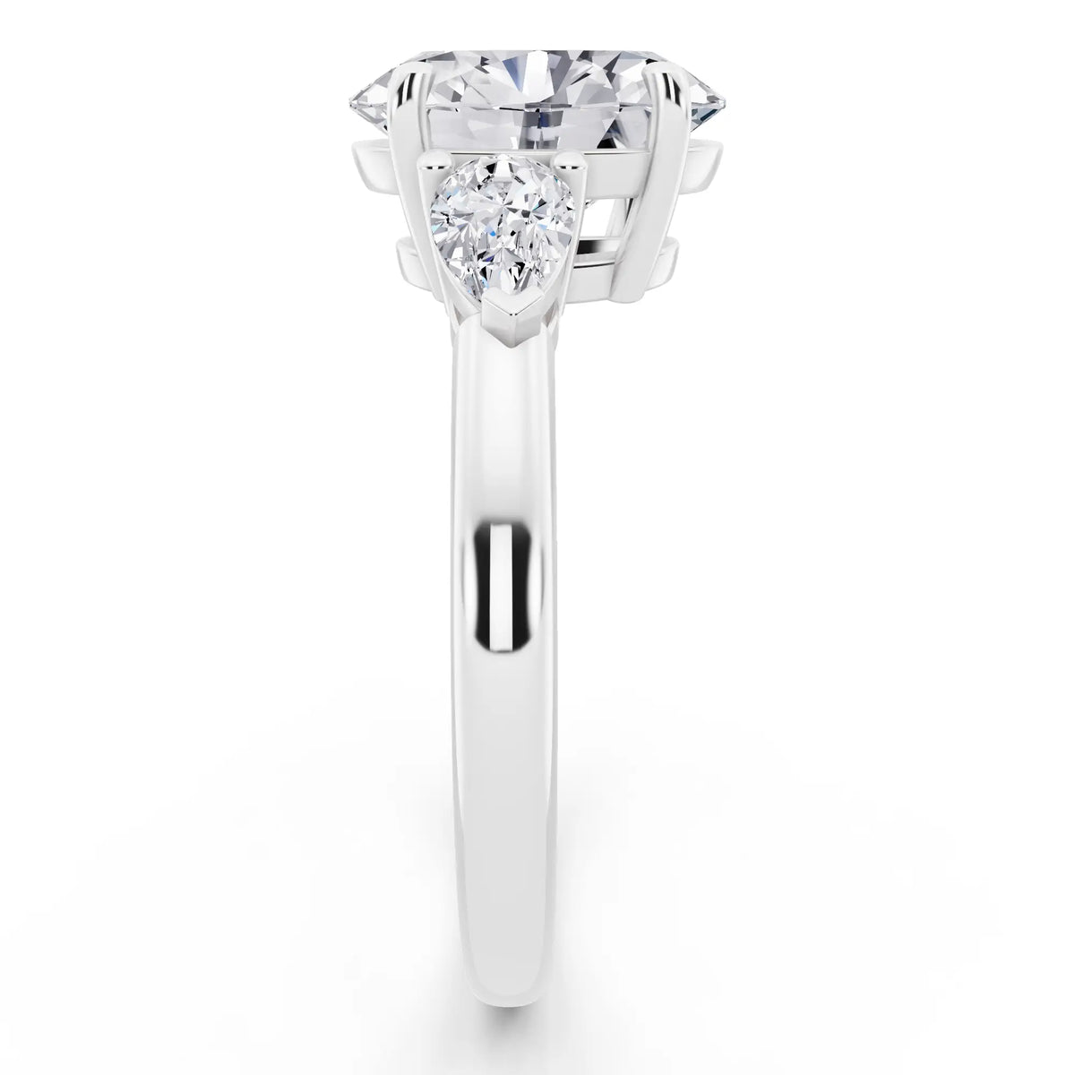 Platinum Oval Cut Diamond Three Stone Pear Accent Ring - side view