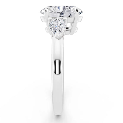 Platinum Oval Cut Diamond Three Stone Pear Accent Ring - side view