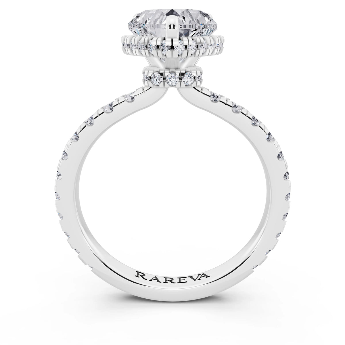 Platinum Heart Cut Diamond Hidden Halo Ring with Pave Band - through finger