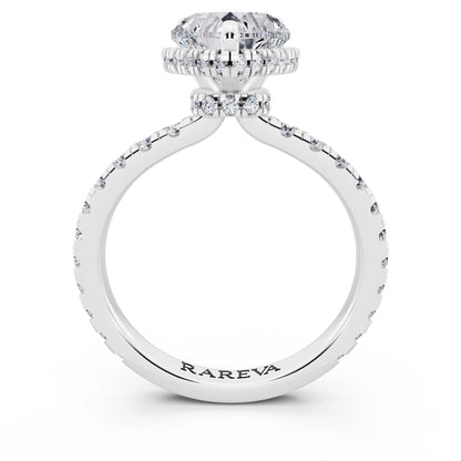 Platinum Heart Cut Diamond Hidden Halo Ring with Pave Band - through finger