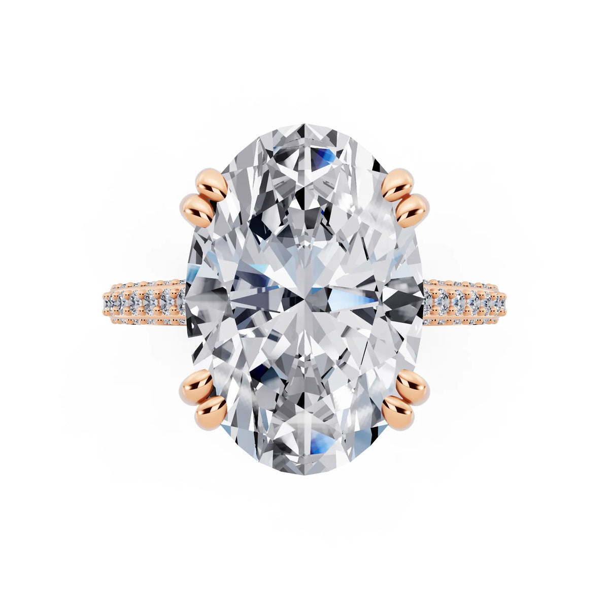 14 KT Rose Gold Oval Cut Diamond Hidden Halo Double Claw Pave Band Ring - top angle