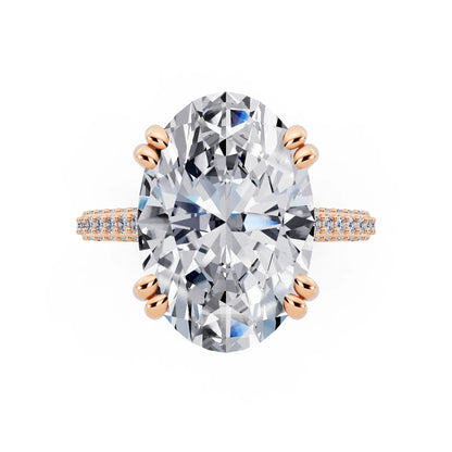 14 KT Rose Gold Oval Cut Diamond Hidden Halo Double Claw Pave Band Ring - top angle