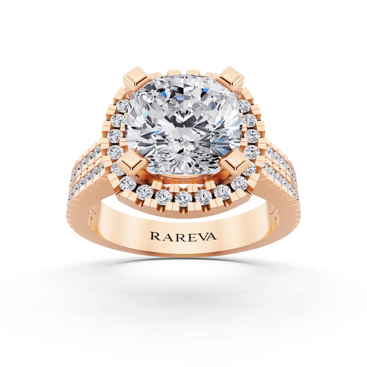 18 KT Rose Gold Cushion Cut Diamond Halo Ring with Twin Pave Band - front view
