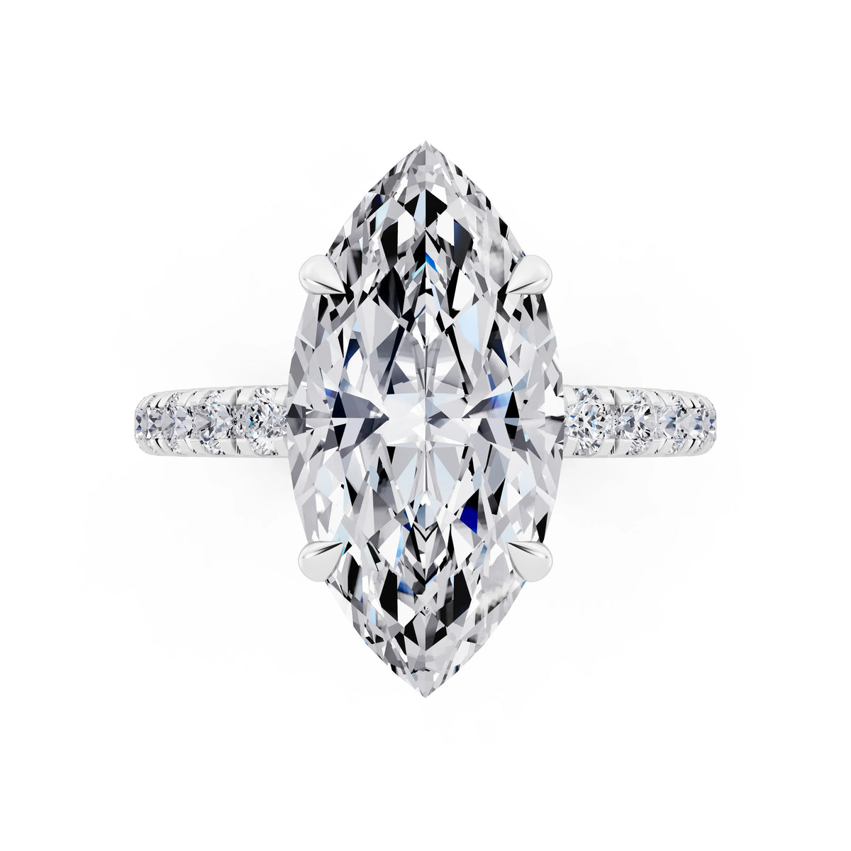 Platinum Marquise Cut Diamond Solitaire Ring with Hidden Halo and French Pave Band - top angle