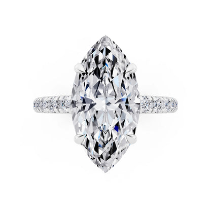 Platinum Marquise Cut Diamond Solitaire Ring with Hidden Halo and French Pave Band - top angle