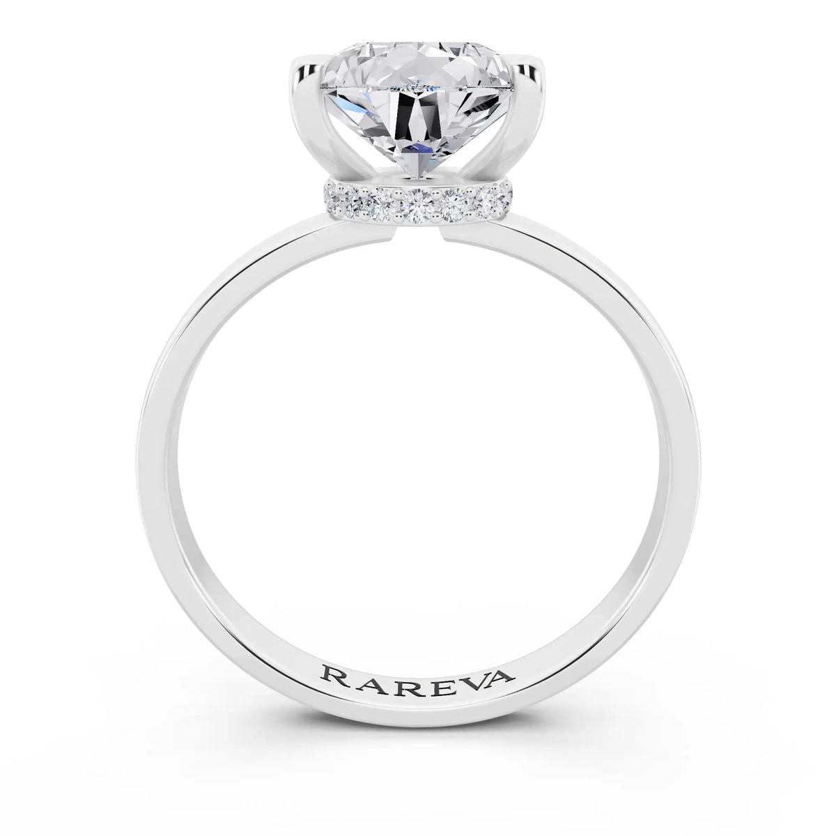 14 KT White Gold Pear Cut Diamond Solitaire Ring with Pave Collar - through finger