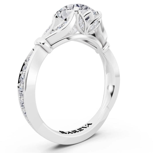 18 KT White Gold Round Cut Diamond Ring with Lotus Collar - top view