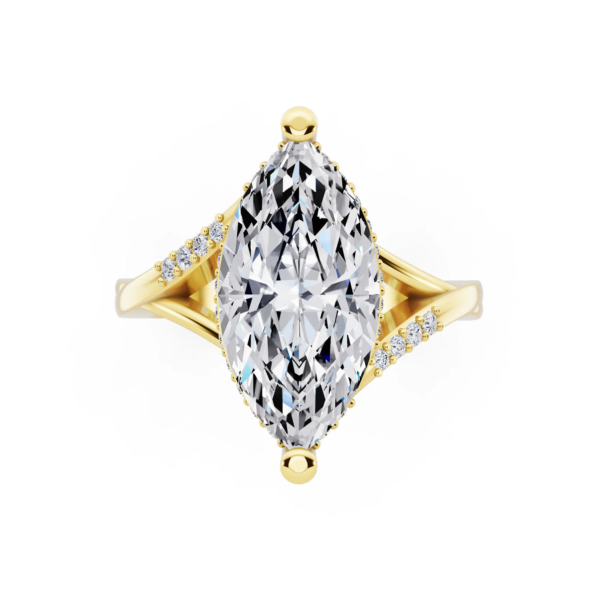 14 KT Yellow Gold Marquise Cut Diamond Split Shank Engagement Ring with Hidden Halo - top angle