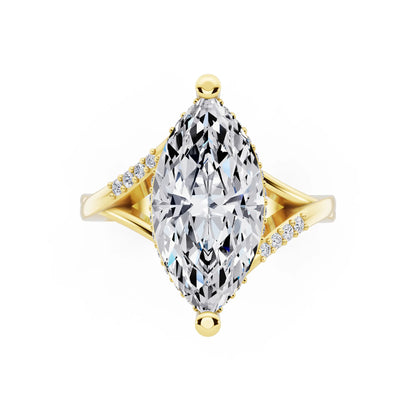 14 KT Yellow Gold Marquise Cut Diamond Split Shank Engagement Ring with Hidden Halo - top angle