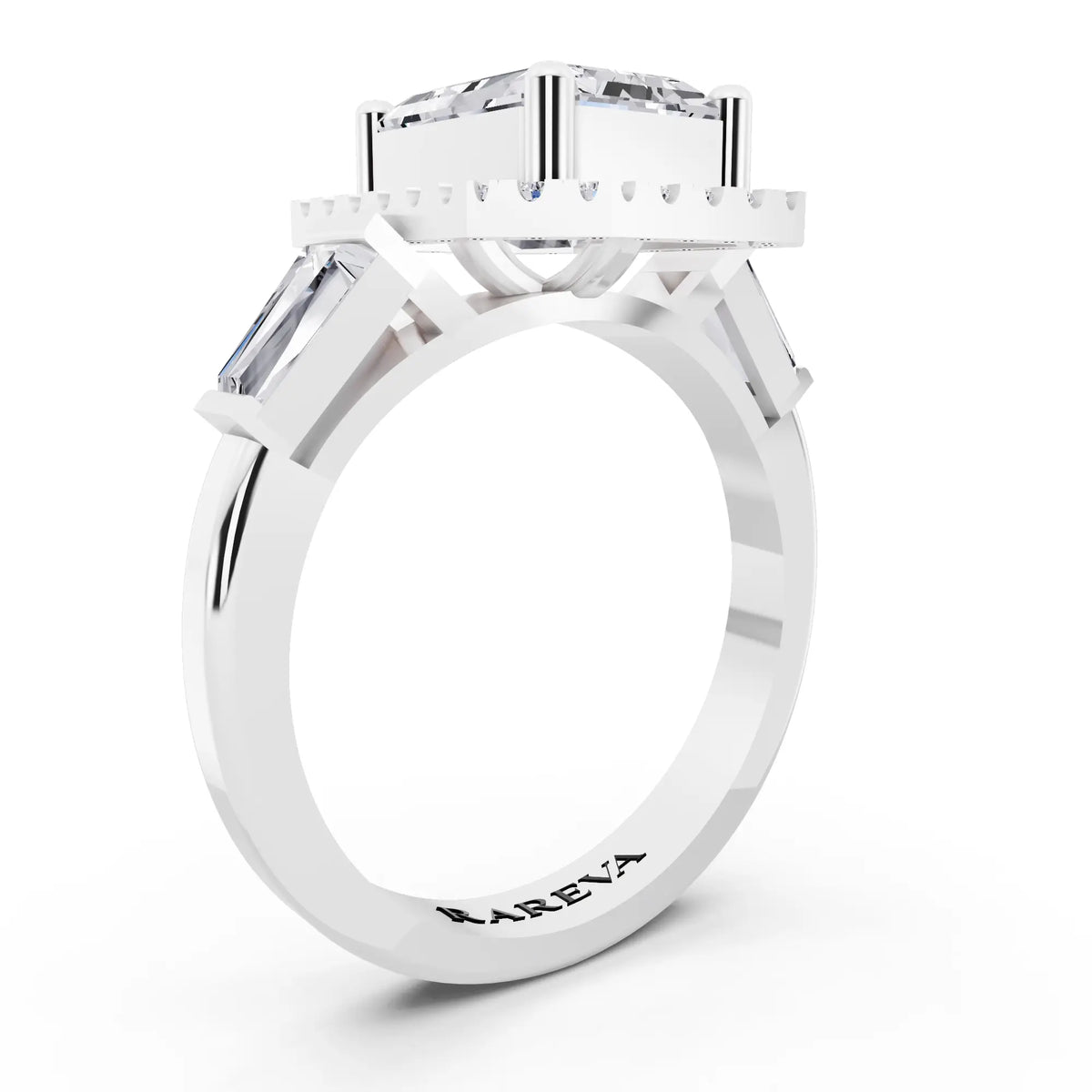14 KT White Gold Emerald Cut Diamond Halo Ring with Baguette Accents - top view
