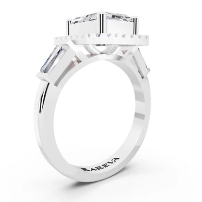 14 KT White Gold Emerald Cut Diamond Halo Ring with Baguette Accents - top view