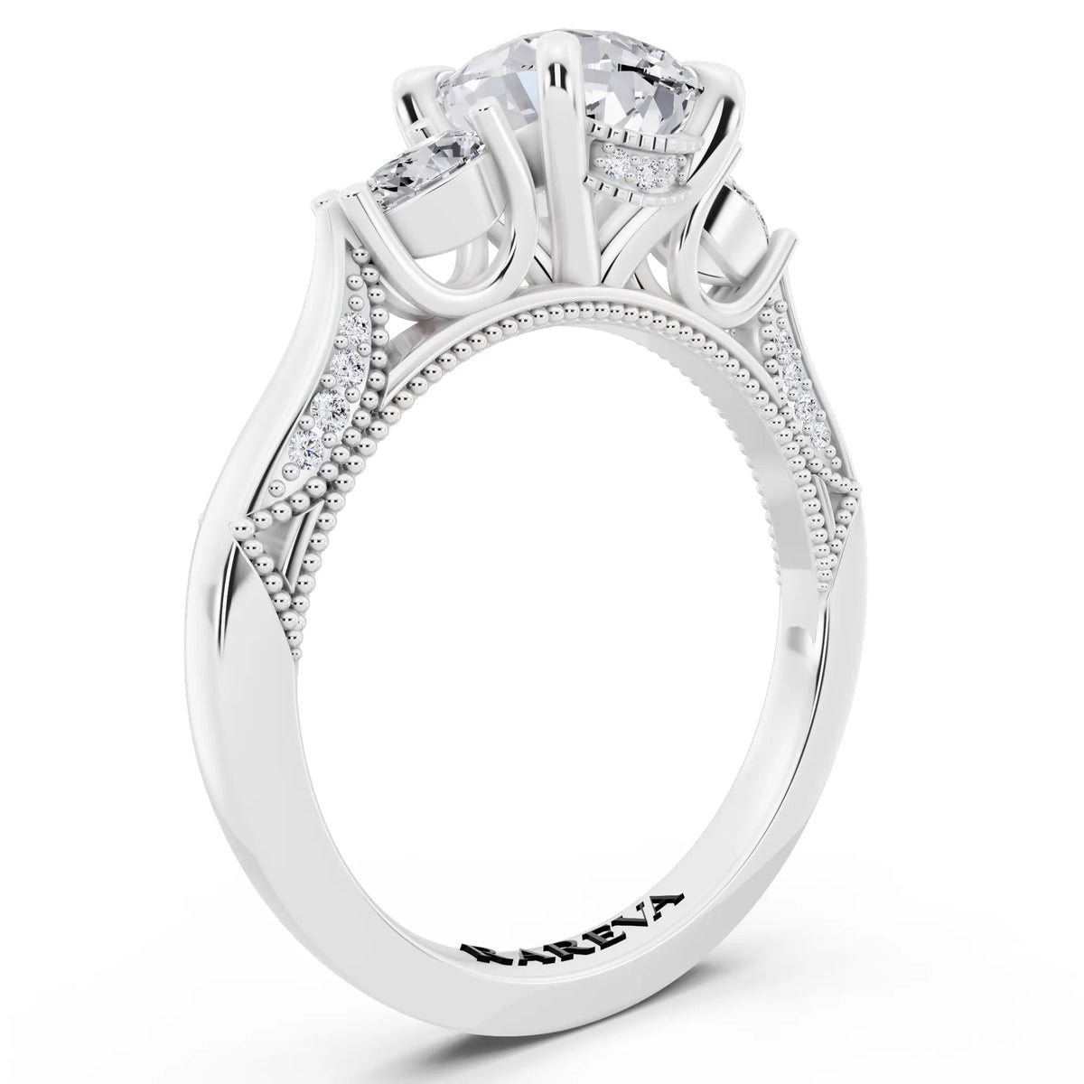 18 KT White Gold Pear Cut Diamond Three Stone Pear Accent Vintage Pave Ring - top view