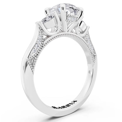 18 KT White Gold Pear Cut Diamond Three Stone Pear Accent Vintage Pave Ring - top view