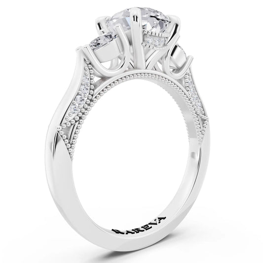 18 KT White Gold Pear Cut Diamond Three Stone Pear Accent Vintage Pave Ring - top view
