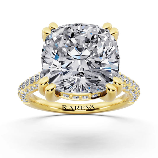 14 KT Yellow Gold Cushion Cut Diamond Hidden Halo Double Claw Pave Band Ring - front view