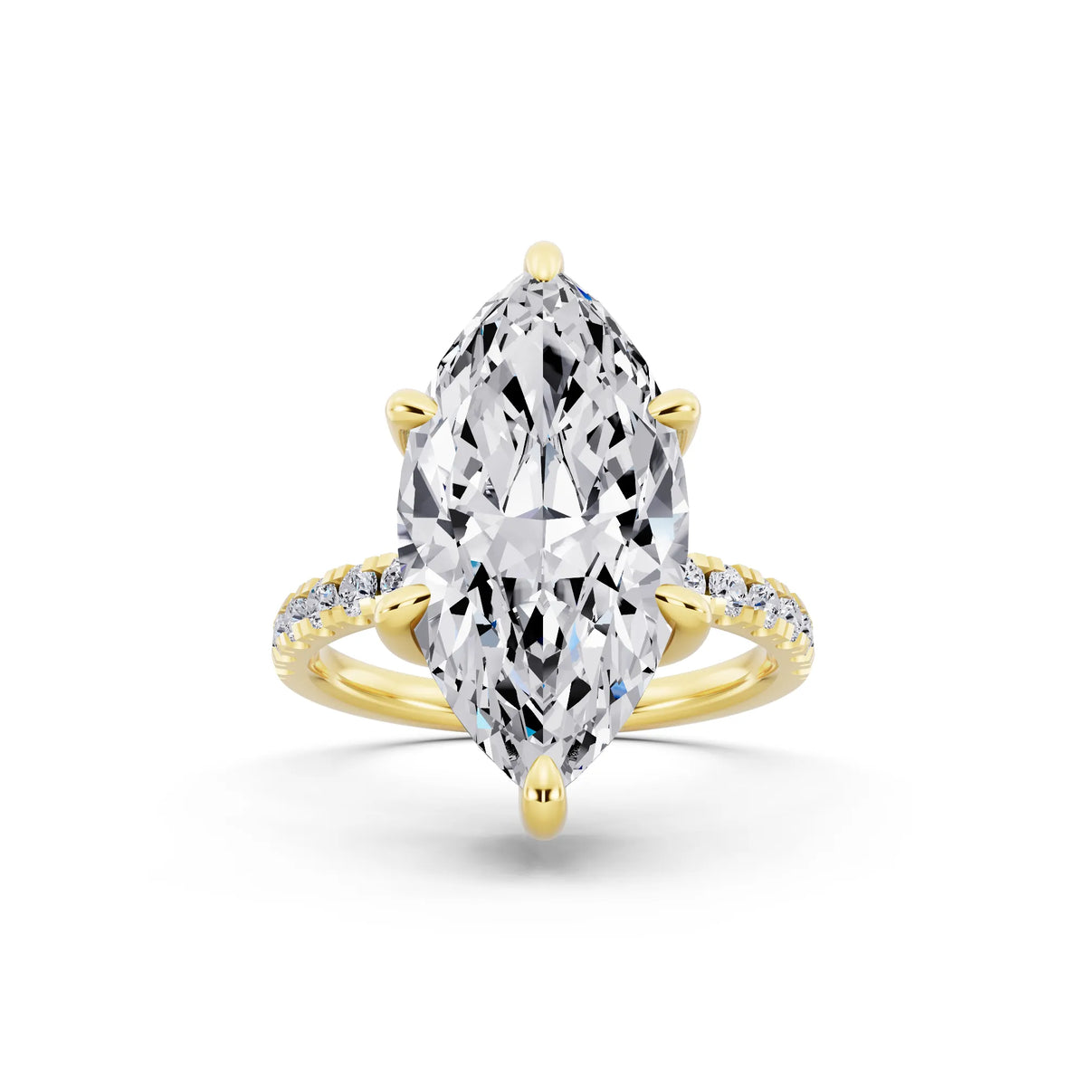 14 KT Yellow Gold Marquise Cut Diamond Hidden Halo Tiger Prong Pave Band Ring - front view