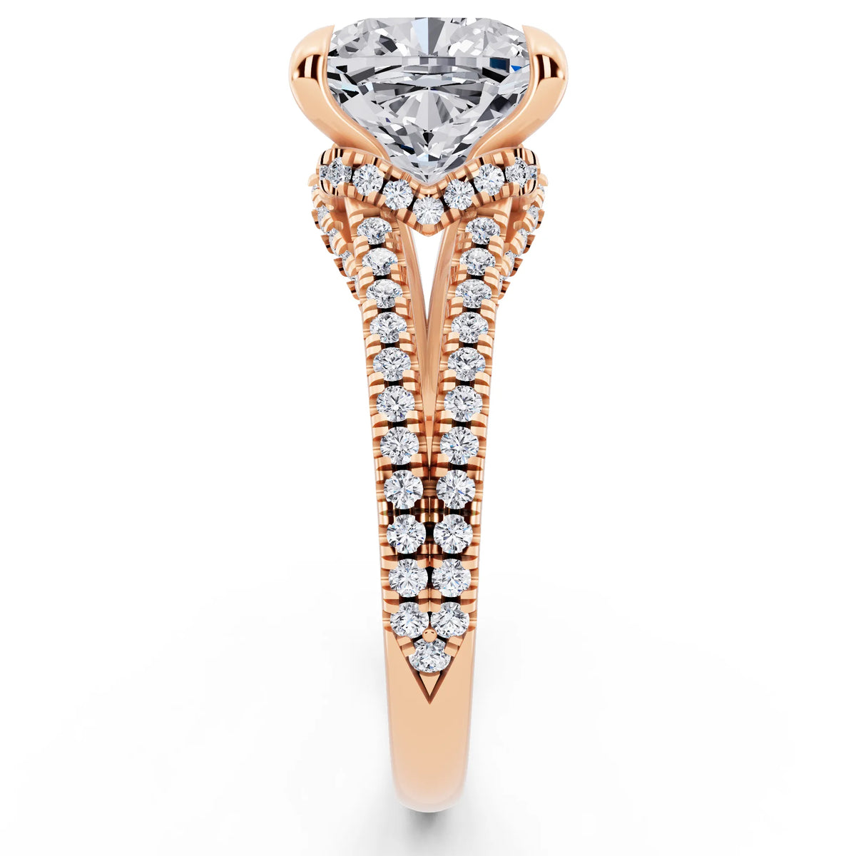 18 KT Rose Gold Cushion Cut Diamond Ring with Pavé Split Shank - side view