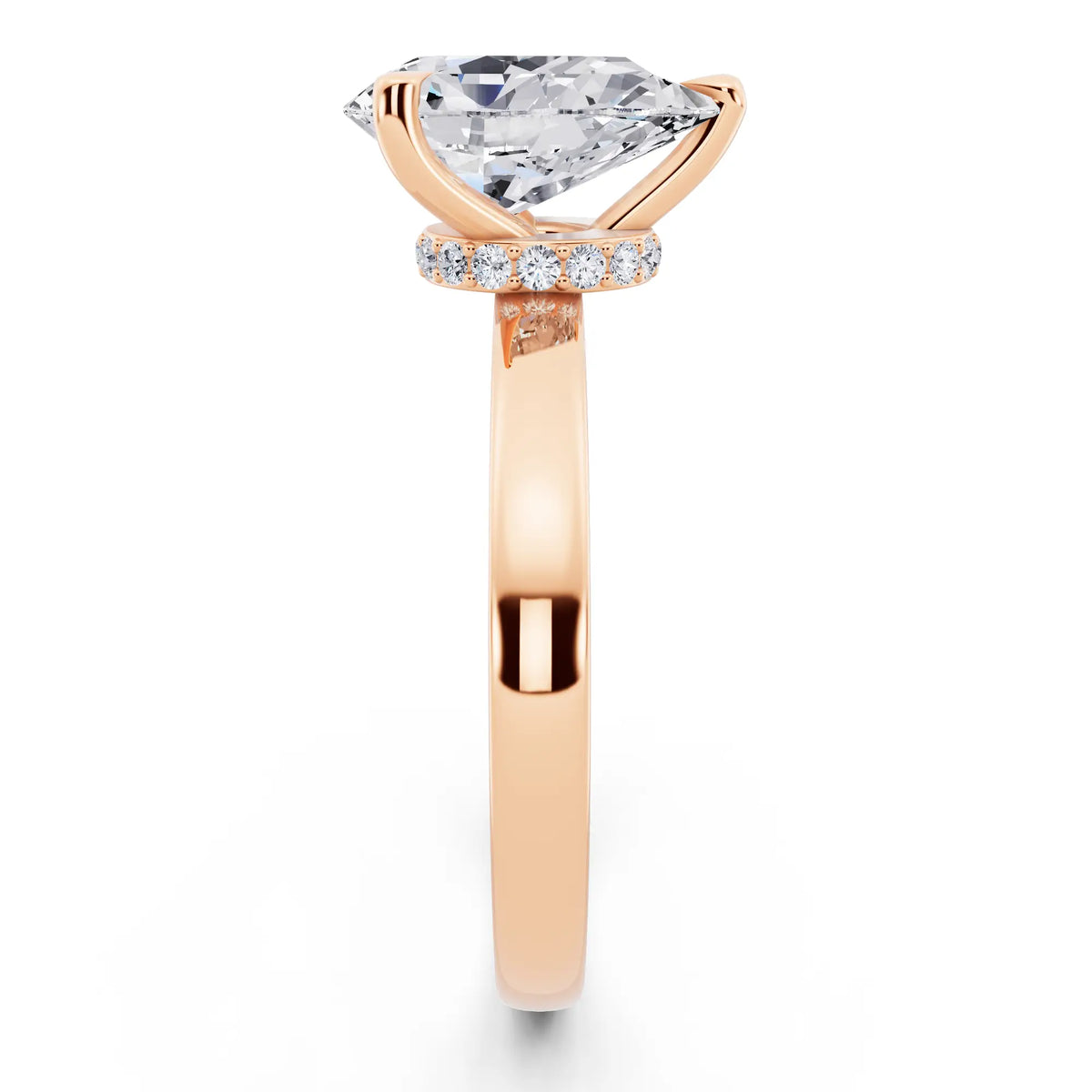 18 KT Rose Gold Pear Cut Diamond Solitaire Ring with Pave Collar - side view
